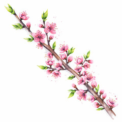 A delicate watercolor illustration of a blossoming peach tree branch with vibrant pink flowers and fresh green leaves, perfect for spring and nature themes