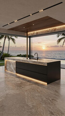 Naklejka premium A luxurious modern outdoor kitchen with marble countertops sits on a terrace overlooking a serene ocean sunset with palm trees and a beautiful horizon line.