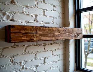 Rustic Wooden Beam Highlighted Against Textured White Brick