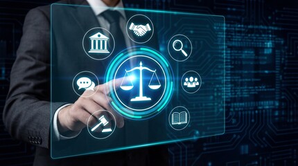 Businessman interacting with futuristic legal and justice holographic interface