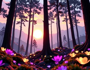 Futuristic Forest Dawn with Glowing Neon Trees and Bioluminescent Plants