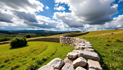 Ancient Stone Wall Across Rolling Grassland Under Cloudy