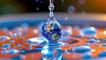 Suspended Water Droplet Reflecting Earth