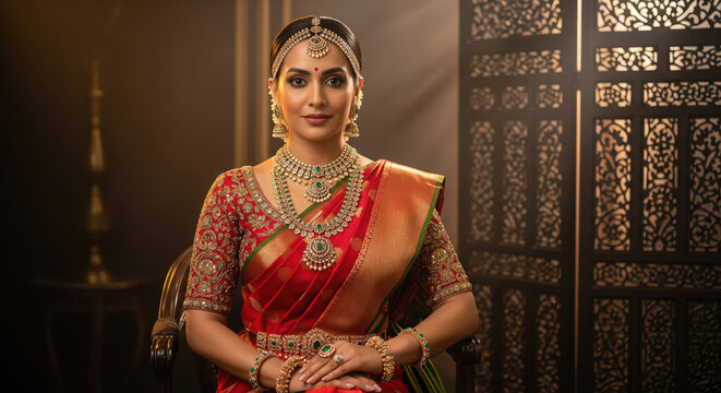 Elegant South Indian Woman Adorned in Traditional Bridal Gold Emerald Jewels