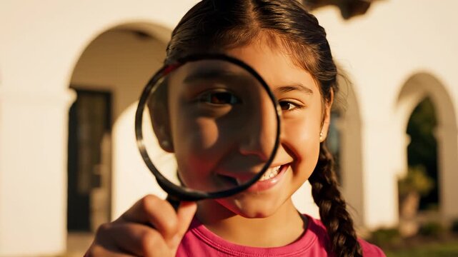Young girl with magnifying glass outdoors