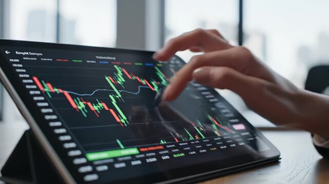 Hand interacting with financial chart on tablet