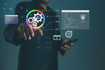 Businessman touching virtual AI gears and coding interface with data metrics. Concept of software development, project management optimization and digital process automation technology.