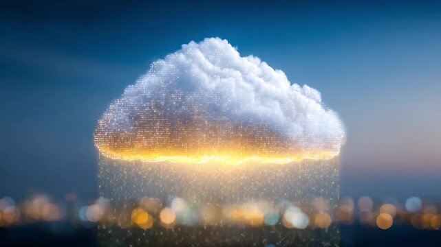 Cloud Computing Concept: A captivating visual metaphor depicting cloud computing, with a radiant cloud illuminating the cityscape below, symbolizing data storage and digital connectivity.