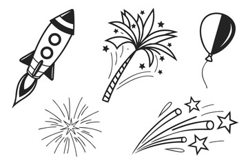 Illustrations of rocket, palm tree, and balloon isolated on white background, Vector