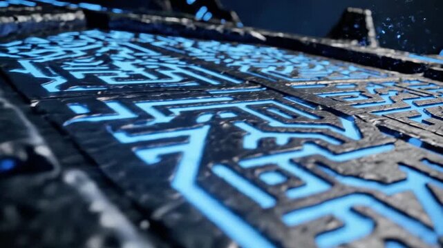 A close-up view of a textured, metallic surface with raised patterns and blue accents