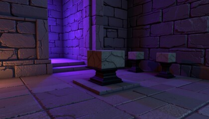 Mystical Stone Pedestal Scene with Reflective Wet Floor