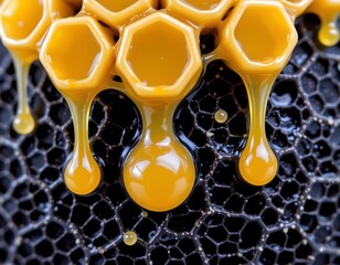 Closeup Honey Dripping From Honeycomb Cells