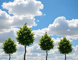 Serene Sky with Lush Trees and Blue Birds