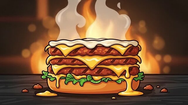 Hot Fire Triple Cheeseburger Cartoon Animation