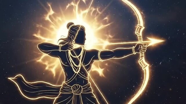 Ram Navami motion animation showing Lord Rama with glowing bow inspired by Ramayana devotion Hindu spiritual culture animated festival footage
