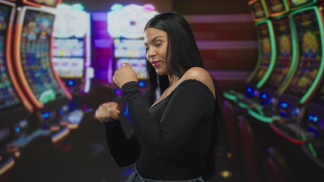 Young latin woman stands before rows of glowing slot machines in casino and points thumbs at machine screen; luck excitement.