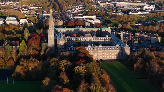 Drone panoramic of historic St. Patrick's College, Maynooth, Ireland. Colourful Autumn Sunset