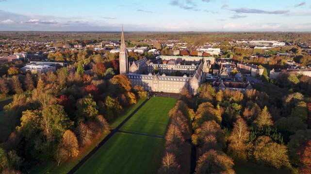 St. Patrick's College and Maynooth University Park, Ireland. Drone aerial panoramic. Autumn