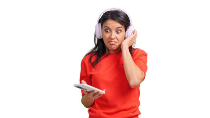 Young woman reacting to music he doesn't like transparent background