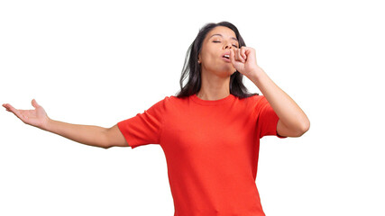 Woman pretending to sing mouth isolated
