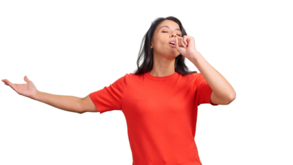 Woman pretending to sing mouth isolated