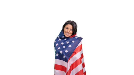 Woman smiling wrapped in USA flag with transparent background