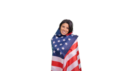 Woman smiling wrapped in USA flag with transparent background