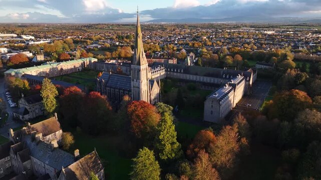 Drone panorama around chapel tower and St. Patrick's College, Maynooth University, Ireland
