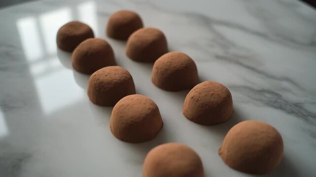 Array of Round Brown Chocolate Truffles on Marble Countertop