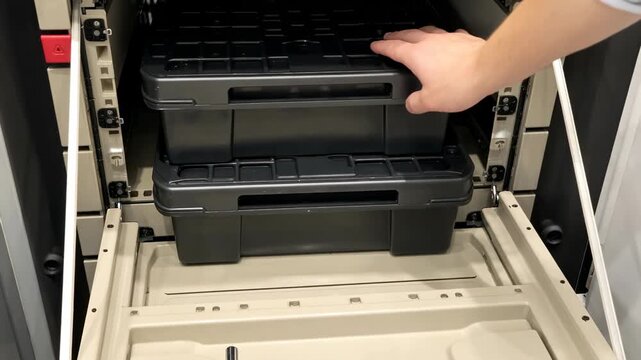 Autonomous delivery robots storage compartment interior with plastic container box drawer detail secure parcel locker door panel latch mechanism modern industrial logistics equipment technology