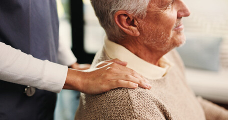 Senior man, hands and nurse with patient in home for assisted living or healthcare in retirement....