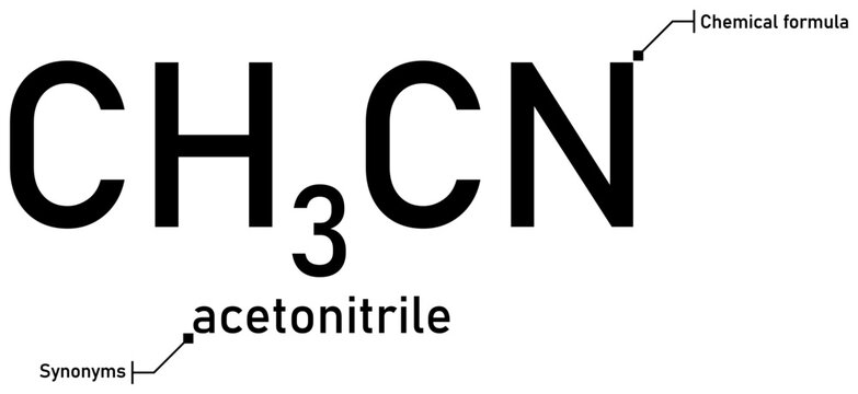 Acetonitrile chemical formula with callout titles
