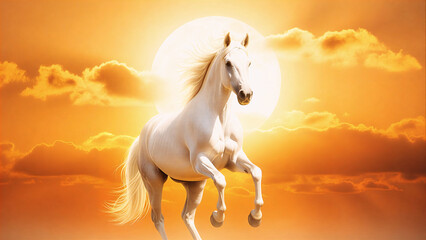 Majestic white horse running freely in vibrant orange sunset sky with clouds