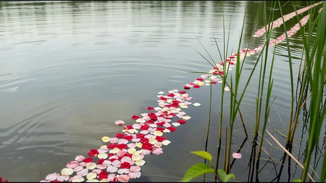 Floral petals floating on water surface creating a pathway