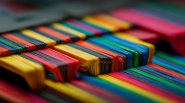 A bright group of colorful fabric samples displays a rainbow of red, green, and blue colors like a vibrant set of drawing pencils or art crayons for school - Powered by Adobe
