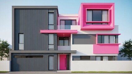 Modern multi-story house with pink and gray exterior design