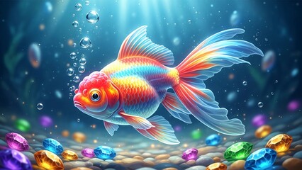 Vibrant goldfish swimming among colorful jewels underwater with sunlight