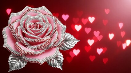 Luxurious pink rose adorned with sparkling diamonds on romantic heart background