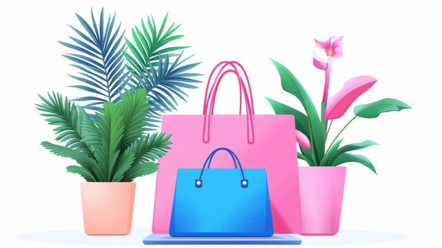 Shopping bag and purse with green plants in pots create fresh ecommerce fulfillment center vibe
