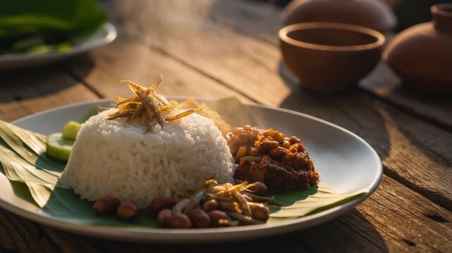 Delicious Nasi Lemak, a traditional Malaysian breakfast, is served steaming hot on a wooden table.