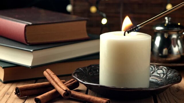 Cozy winter cafe book candle flame and fire light scene with cinnamon on rustic wood table creating peaceful reading corner and calm literature mood in quiet holiday night