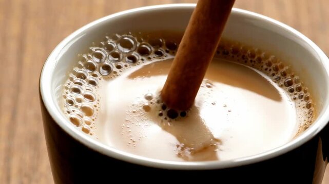 Cozy cafe winter drink hot coffee cup with creamy foam and cinnamon stick on wooden table in warm light peaceful quiet corner inviting book lover cozy winter mood atmosphere