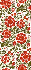 Vector decorative seamless floral pattern. Blossom texture. Slavic ornament with red flowers on white background for wallpaper, fabric, and wrapping paper.