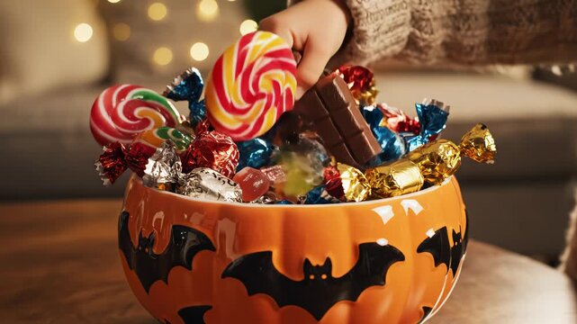 Halloween candy bowl with childs hand