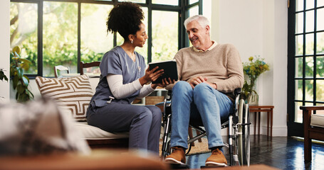Tablet, help and wheelchair with old man and nurse for healthcare report, support or recovery plan....