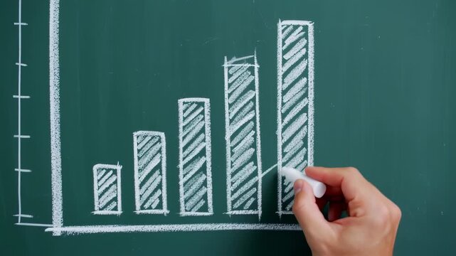 Hand Drawing Bar Graph on Chalkboard - Business Growth Visualization.