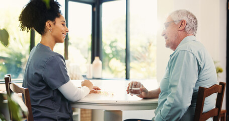 Senior man, nurse and medication with water for healthcare or assisted living in retirement home....