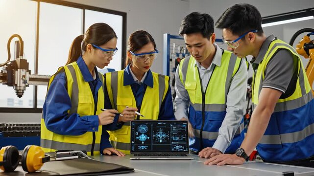 Four engineers in safety vests working on a laptop