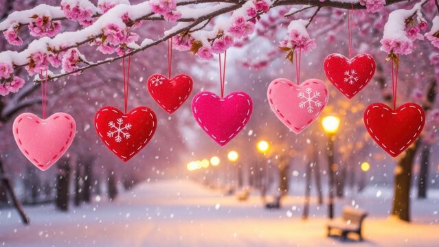 Snowy winter scene with pink and red heart ornaments hanging from cherry blossom tree