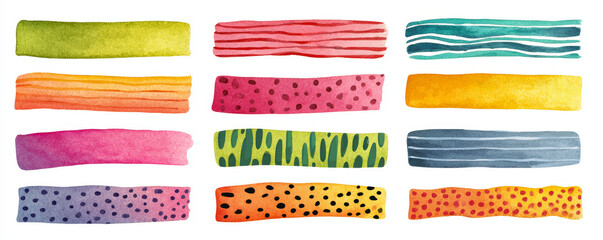 Obraz premium Watercolor colorful doodle tape elements with various patterns and textures, bright multicolor decorative strips for creative design and art